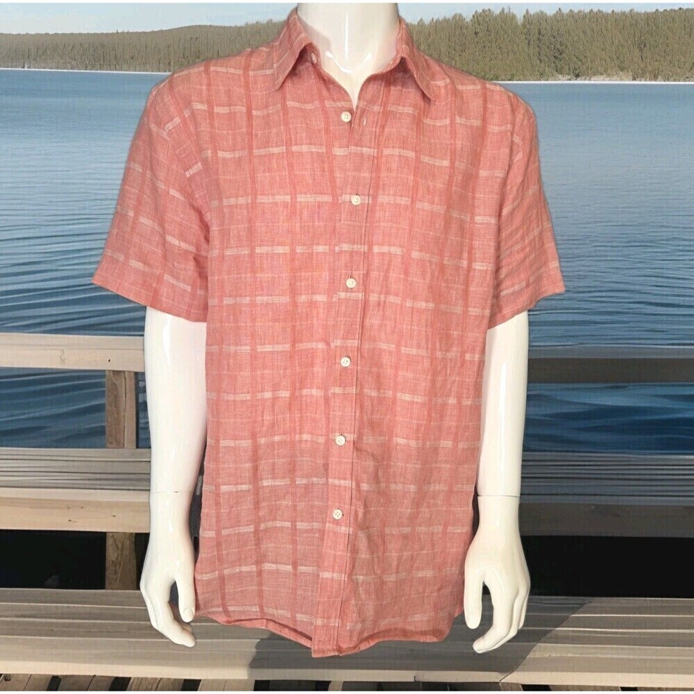 Perry Ellis Linen Checked Short Sleeve Shirt Red/Pink Men's XL - SEE MEAS
